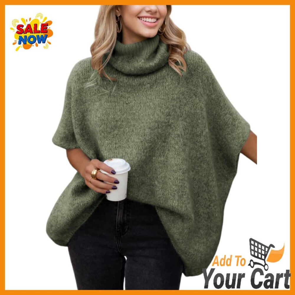 Oversized Chunky Knit Turtleneck Sweater Batwing Sleeves Women's Pullover